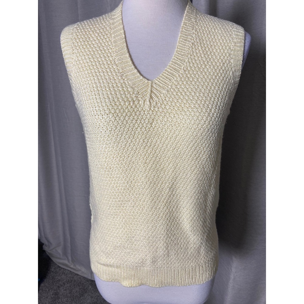 Vintage Royal Knight Cream V-Neck Sweater Vest Orlon Acrylic Knit USA Womens S